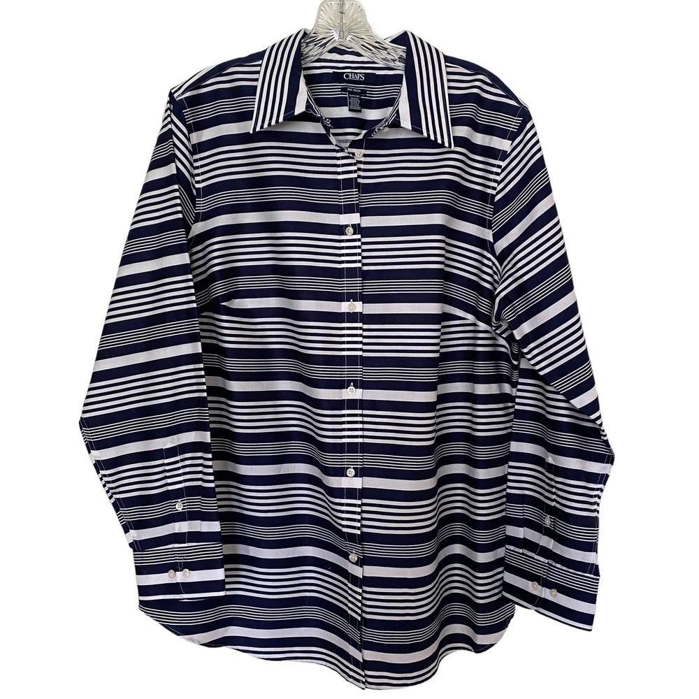 CHAPS Women's Size 1X No Iron Cotton Button Down Shirt Navy Blue White Stripes